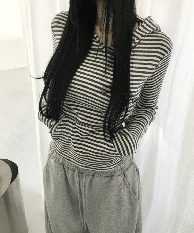 ボーダーハンドポケットフード長袖Tシャツ NAVY