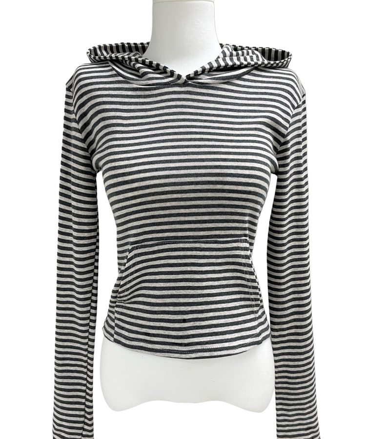 ボーダーハンドポケットフード長袖Tシャツ