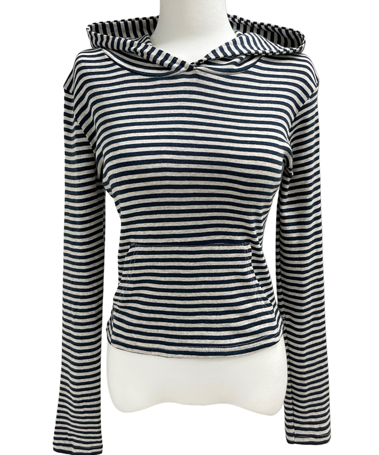 ボーダーハンドポケットフード長袖Tシャツ