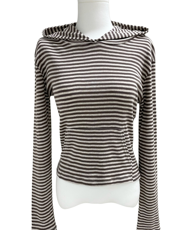 ボーダーハンドポケットフード長袖Tシャツ