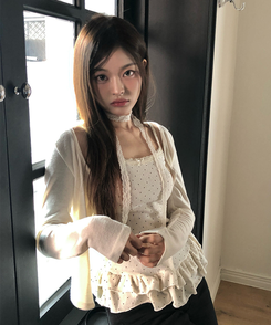 【SET】【マフラー付き】キャミソール ドットフリルカーディガン BEIGE