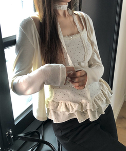 【SET】【マフラー付き】キャミソール ドットフリルカーディガン BEIGE