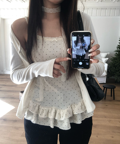 【SET】【マフラー付き】キャミソール ドットフリルカーディガン BEIGE