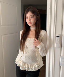 【SET】【マフラー付き】キャミソール ドットフリルカーディガン BEIGE