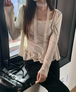 【SET】【マフラー付き】キャミソール ドットフリルカーディガン BEIGE