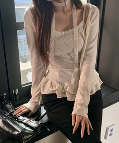 【SET】【マフラー付き】キャミソール ドットフリルカーディガン BEIGE