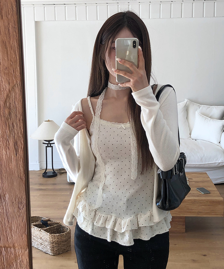 【SET】【マフラー付き】キャミソール ドットフリルカーディガン BEIGE