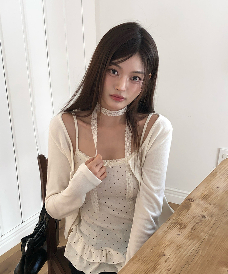 【SET】【マフラー付き】キャミソール ドットフリルカーディガン BEIGE