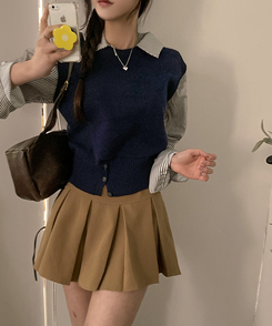 니로 스트라이프 니트 밑단 단추 포인트 일체형 셔츠 세트 네이비