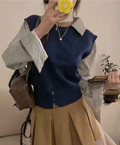 니로 스트라이프 니트 밑단 단추 포인트 일체형 셔츠 세트 네이비