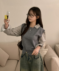 니로 스트라이프 니트 밑단 단추 포인트 일체형 셔츠 세트 그레이