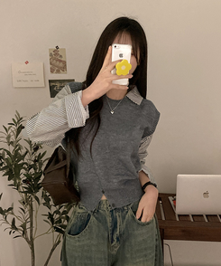 니로 스트라이프 니트 밑단 단추 포인트 일체형 셔츠 세트 그레이