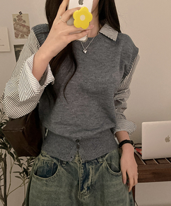 니로 스트라이프 니트 밑단 단추 포인트 일체형 셔츠 세트 그레이