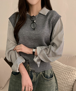 니로 스트라이프 니트 밑단 단추 포인트 일체형 셔츠 세트 그레이