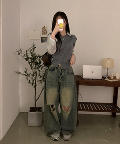 니로 스트라이프 니트 밑단 단추 포인트 일체형 셔츠 세트 그레이