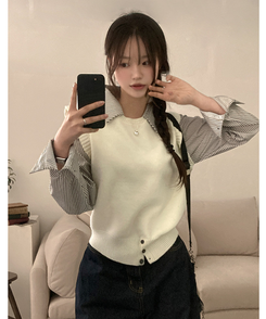 니로 스트라이프 니트 밑단 단추 포인트 일체형 셔츠 세트 화이트