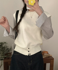 니로 스트라이프 니트 밑단 단추 포인트 일체형 셔츠 세트 화이트