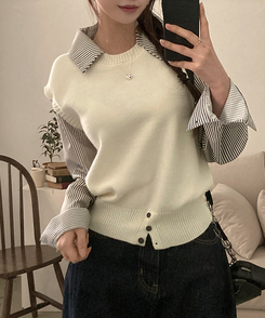 니로 스트라이프 니트 밑단 단추 포인트 일체형 셔츠 세트 화이트