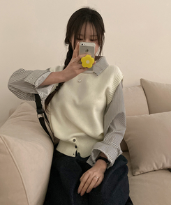 니로 스트라이프 니트 밑단 단추 포인트 일체형 셔츠 세트 화이트