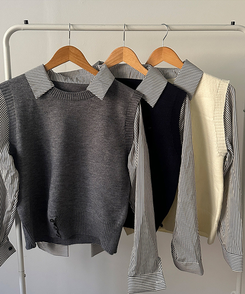 니로 스트라이프 니트 밑단 단추 포인트 일체형 셔츠 세트