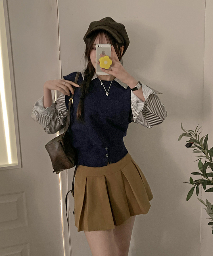 니로 스트라이프 니트 밑단 단추 포인트 일체형 셔츠 세트 네이비