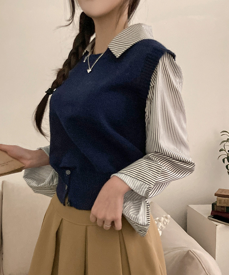 니로 스트라이프 니트 밑단 단추 포인트 일체형 셔츠 세트 네이비