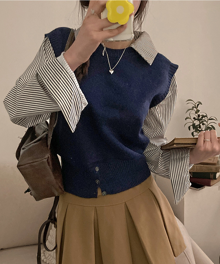 니로 스트라이프 니트 밑단 단추 포인트 일체형 셔츠 세트 네이비