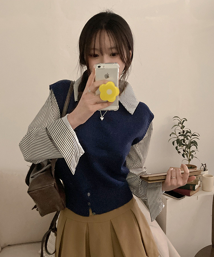 니로 스트라이프 니트 밑단 단추 포인트 일체형 셔츠 세트 네이비