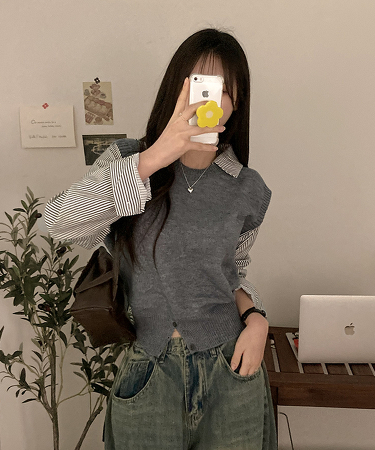 니로 스트라이프 니트 밑단 단추 포인트 일체형 셔츠 세트 그레이