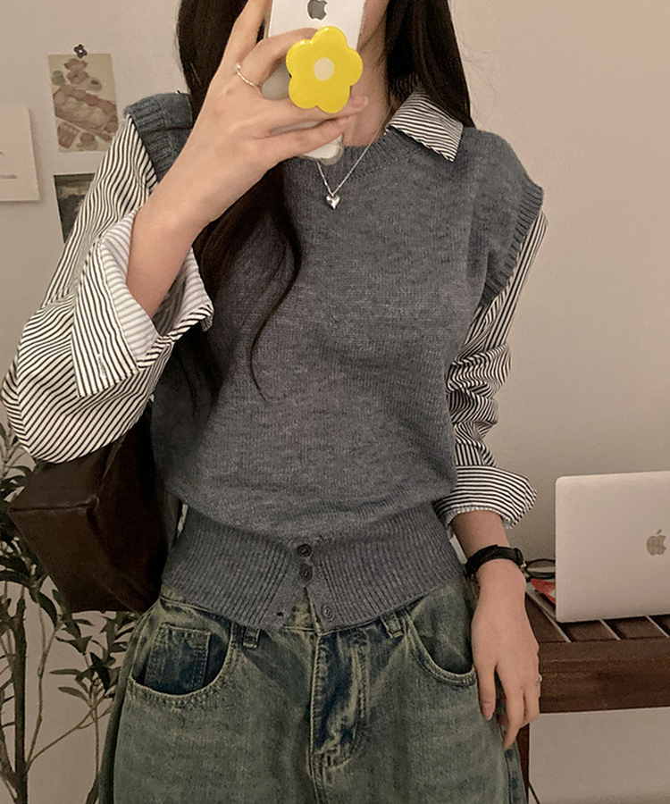 니로 스트라이프 니트 밑단 단추 포인트 일체형 셔츠 세트 그레이