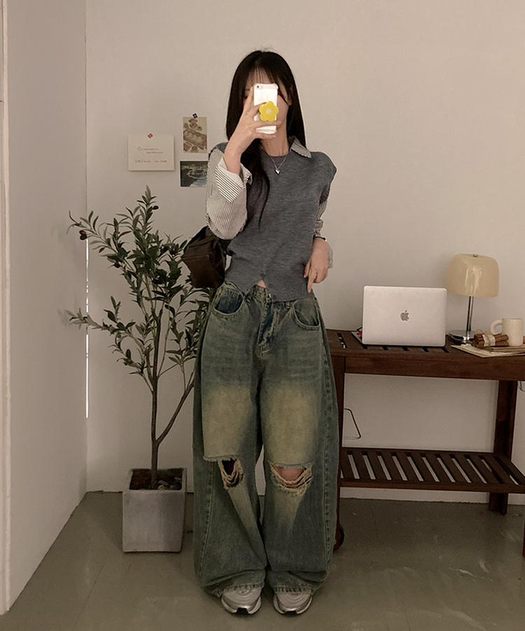 니로 스트라이프 니트 밑단 단추 포인트 일체형 셔츠 세트 그레이