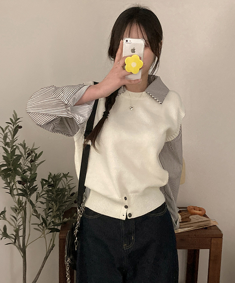 니로 스트라이프 니트 밑단 단추 포인트 일체형 셔츠 세트 화이트