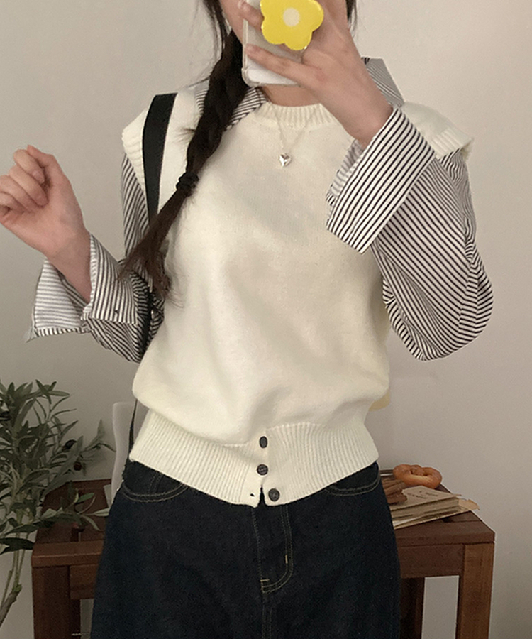 니로 스트라이프 니트 밑단 단추 포인트 일체형 셔츠 세트 화이트