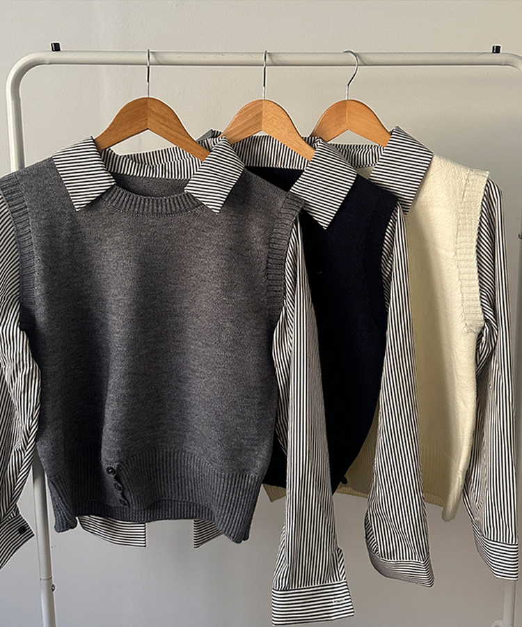 니로 스트라이프 니트 밑단 단추 포인트 일체형 셔츠 세트