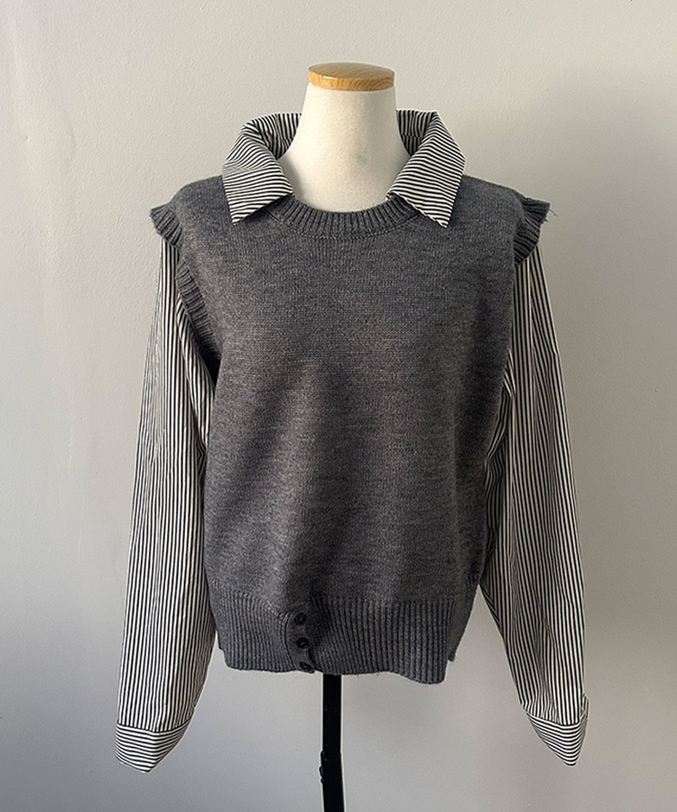 니로 스트라이프 니트 밑단 단추 포인트 일체형 셔츠 세트