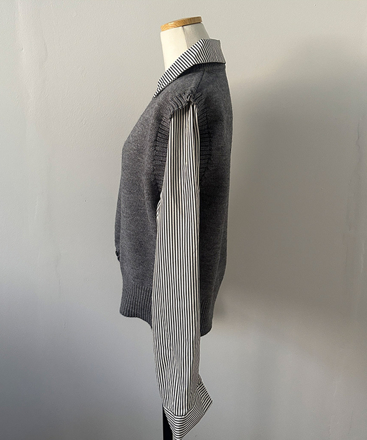 니로 스트라이프 니트 밑단 단추 포인트 일체형 셔츠 세트