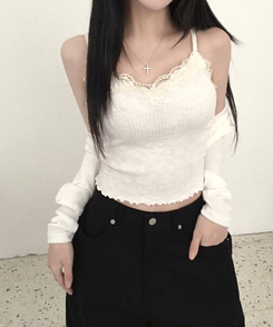 루닝 플라워 레이스 물결 골지 민소매 나시 아이보리