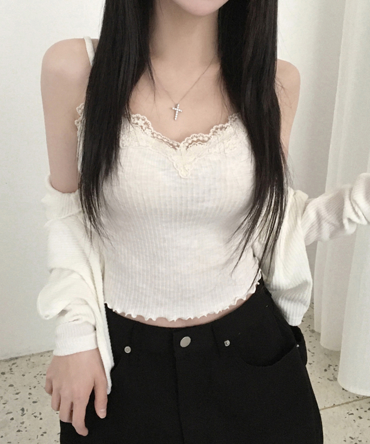 루닝 플라워 레이스 물결 골지 민소매 나시 아이보리