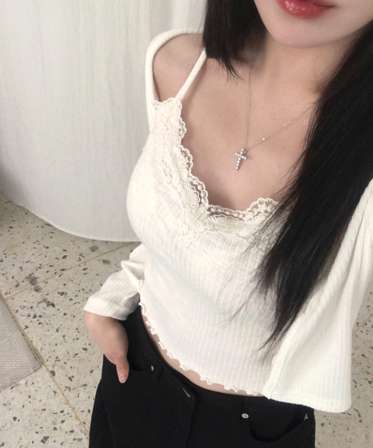 루닝 플라워 레이스 물결 골지 민소매 나시 아이보리