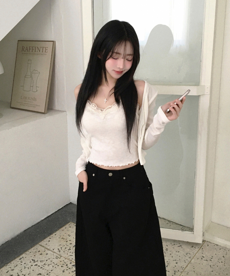 루닝 플라워 레이스 물결 골지 민소매 나시 아이보리