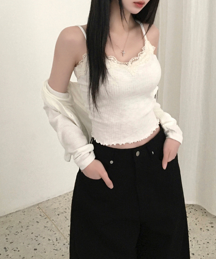 루닝 플라워 레이스 물결 골지 민소매 나시 아이보리