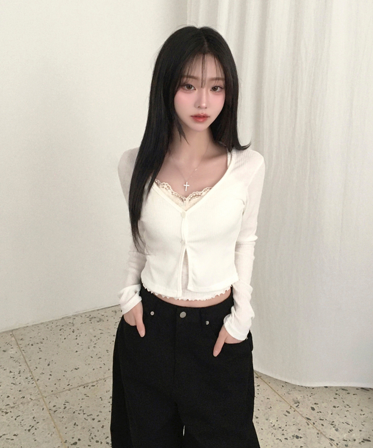 루닝 플라워 레이스 물결 골지 민소매 나시 아이보리