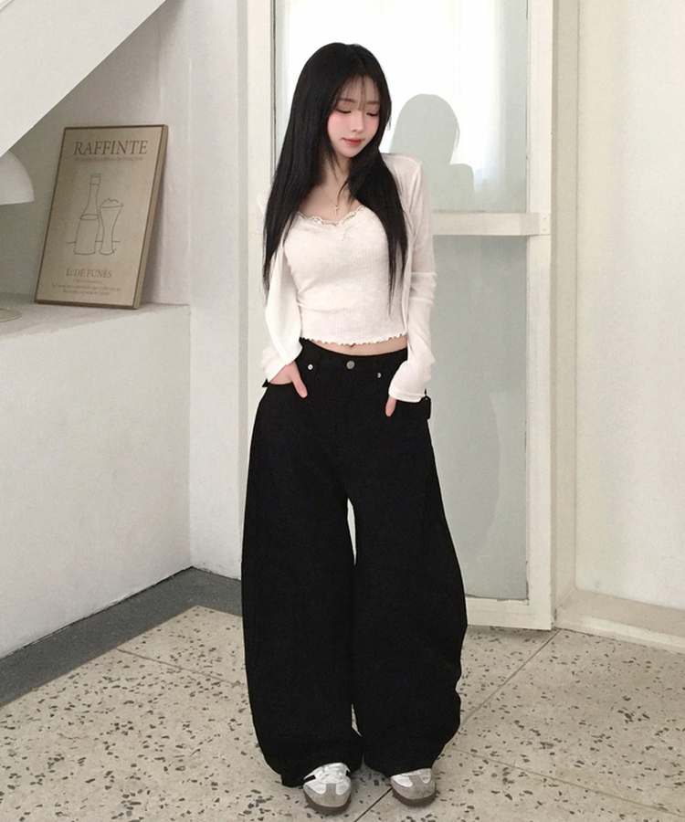 루닝 플라워 레이스 물결 골지 민소매 나시 아이보리