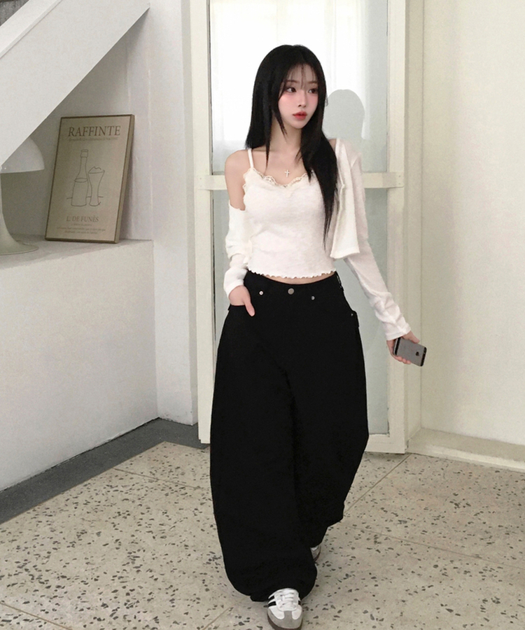 루닝 플라워 레이스 물결 골지 민소매 나시 아이보리