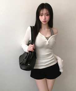 루넬 브이넥 단추 여리 골지 니트 긴팔 아이보리