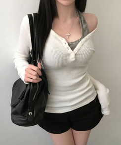 루넬 브이넥 단추 여리 골지 니트 긴팔 아이보리