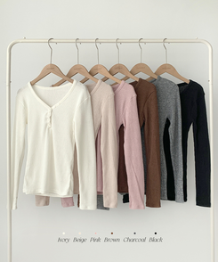 루넬 브이넥 단추 여리 골지 니트 긴팔