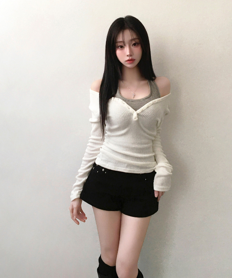 루넬 브이넥 단추 여리 골지 니트 긴팔 아이보리