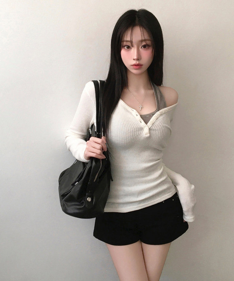 루넬 브이넥 단추 여리 골지 니트 긴팔 아이보리