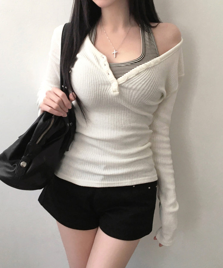 루넬 브이넥 단추 여리 골지 니트 긴팔 아이보리